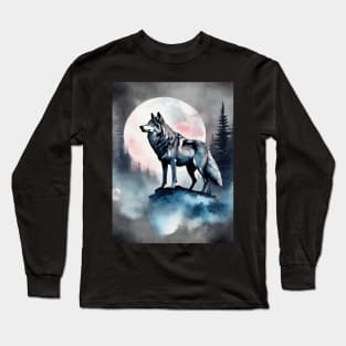 Timber Wolf in Watercolor and Charcoal Long Sleeve T-Shirt